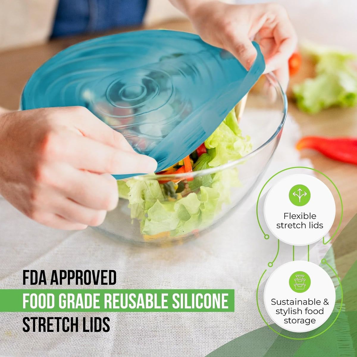 Reusable Silicone Stretch Lids for Food Storage in Fridge - Elastic Heat-Resistant Bowl Covers, Cups, Cans, Jars - Universal Food Grade Lid for Round and Rectangle Containers - Dishwasher Safe -7 Pack