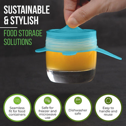 Reusable Silicone Stretch Lids for Food Storage in Fridge - Elastic Heat-Resistant Bowl Covers, Cups, Cans, Jars - Universal Food Grade Lid for Round and Rectangle Containers - Dishwasher Safe -7 Pack