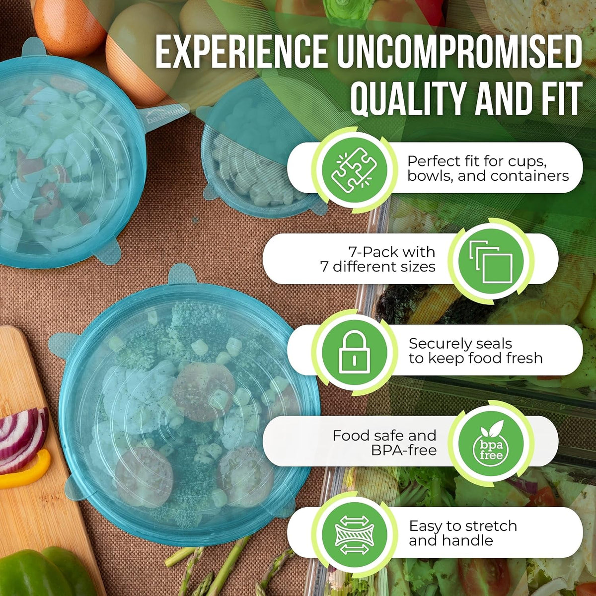 Reusable Silicone Stretch Lids for Food Storage in Fridge - Elastic Heat-Resistant Bowl Covers, Cups, Cans, Jars - Universal Food Grade Lid for Round and Rectangle Containers - Dishwasher Safe -7 Pack