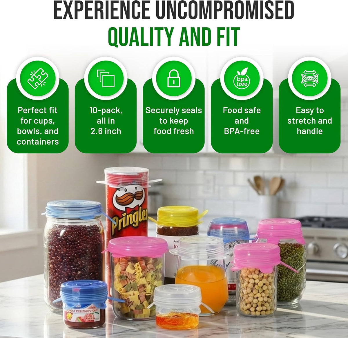 Reusable Silicone Stretch Lids for Food Storage in Fridge - Elastic Heat-Resistant Bowl Covers, Cups, Cans, Jars - Universal Food Grade Lid for Round and Rectangle Containers - Dishwasher Safe -7 Pack