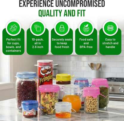 Reusable Silicone Stretch Lids for Food Storage in Fridge - Elastic Heat-Resistant Bowl Covers, Cups, Cans, Jars - Universal Food Grade Lid for Round and Rectangle Containers - Dishwasher Safe -7 Pack