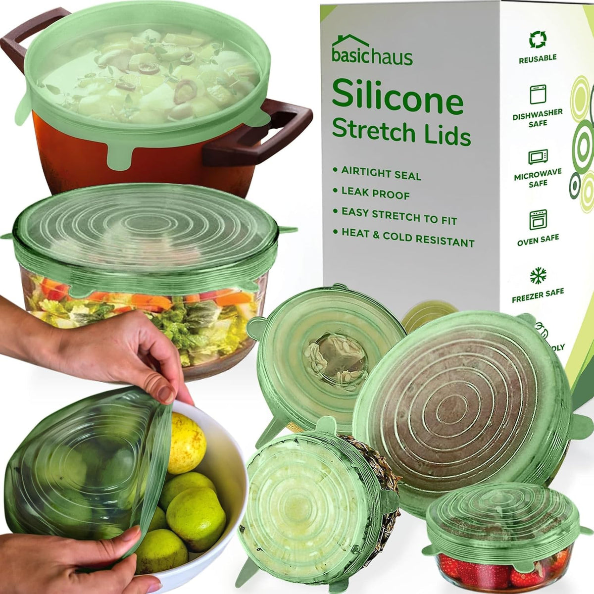 Reusable Silicone Stretch Lids for Food Storage in Fridge - Elastic Heat-Resistant Bowl Covers, Cups, Cans, Jars - Universal Food Grade Lid for Round and Rectangle Containers - Dishwasher Safe -7 Pack