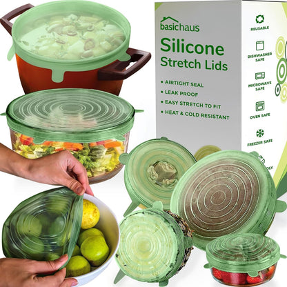 Reusable Silicone Stretch Lids for Food Storage in Fridge - Elastic Heat-Resistant Bowl Covers, Cups, Cans, Jars - Universal Food Grade Lid for Round and Rectangle Containers - Dishwasher Safe -7 Pack