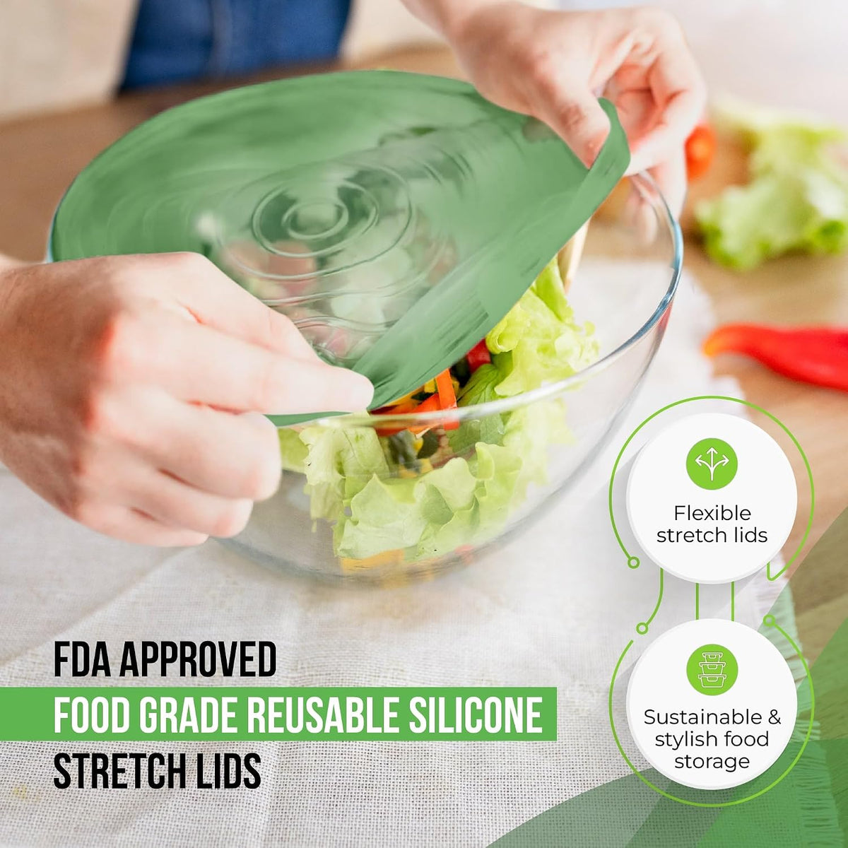 Reusable Silicone Stretch Lids for Food Storage in Fridge - Elastic Heat-Resistant Bowl Covers, Cups, Cans, Jars - Universal Food Grade Lid for Round and Rectangle Containers - Dishwasher Safe -7 Pack