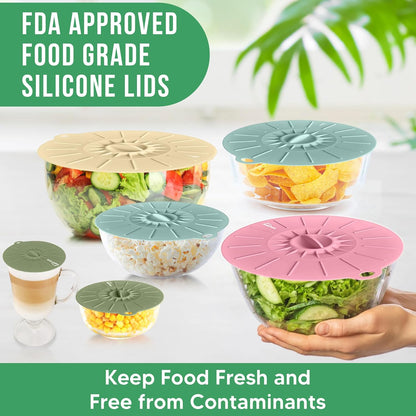 Reusable Silicone Stretch Lids for Food Storage in Fridge - Elastic Heat-Resistant Bowl Covers, Cups, Cans, Jars - Universal Food Grade Lid for Round and Rectangle Containers - Dishwasher Safe -7 Pack