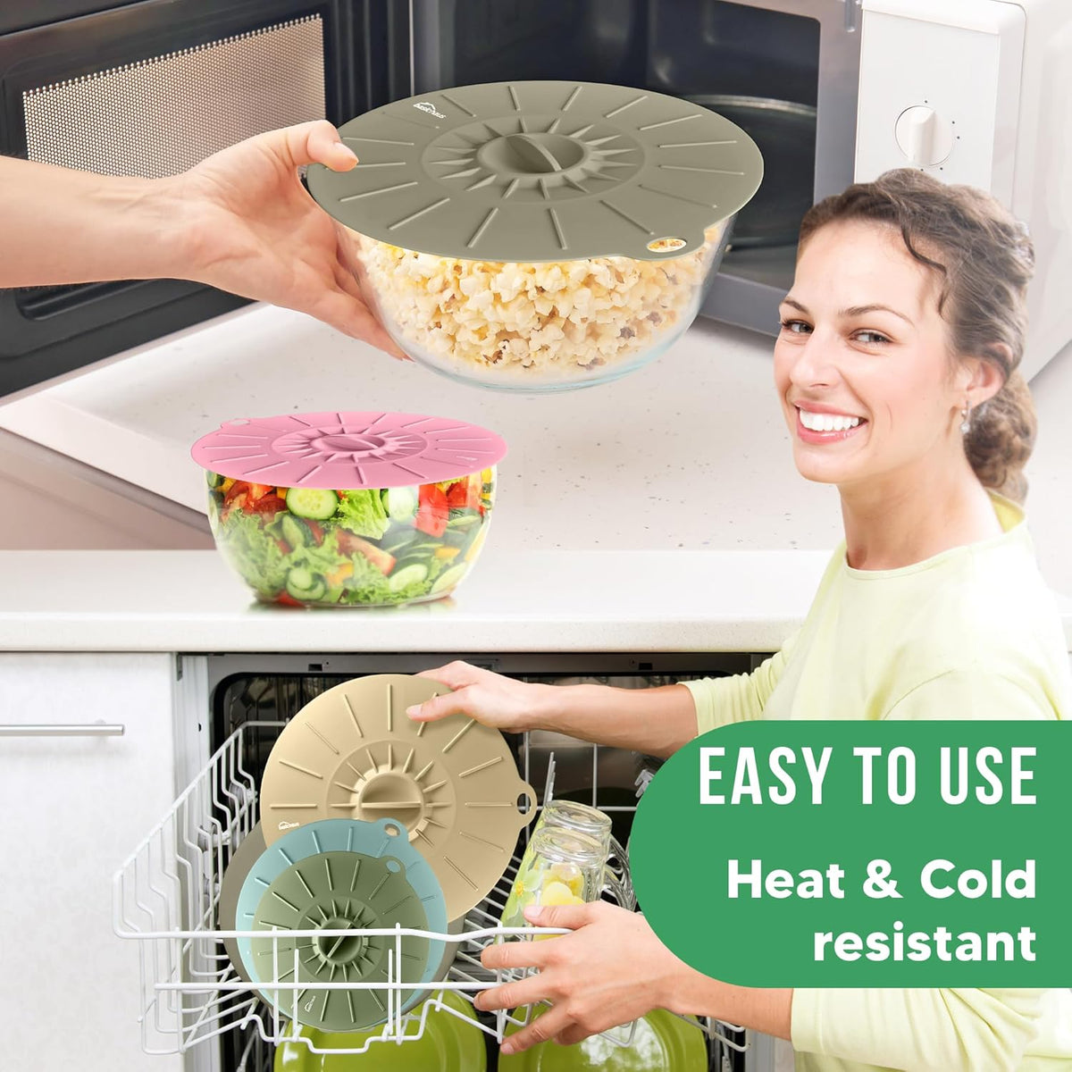 Reusable Silicone Stretch Lids for Food Storage in Fridge - Elastic Heat-Resistant Bowl Covers, Cups, Cans, Jars - Universal Food Grade Lid for Round and Rectangle Containers - Dishwasher Safe -7 Pack