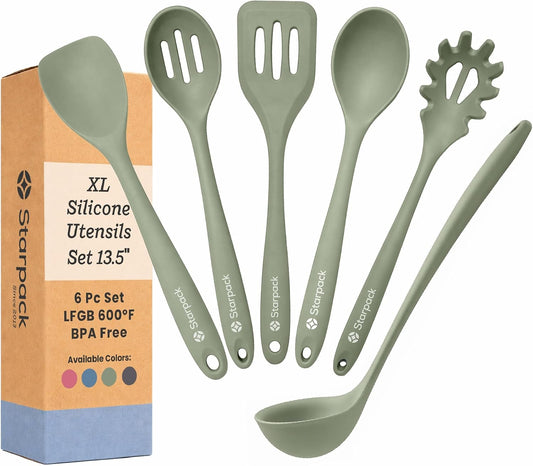 Starpack Like a Boss XL Silicone Cooking Utensils Set (6-Piece, 13.5") - LFGB Certified, 600°F Heat Resistant, BPA-Free - Heavy-Duty Steel Core, Dishwasher Safe - for Nonstick Cookware, Sage Green