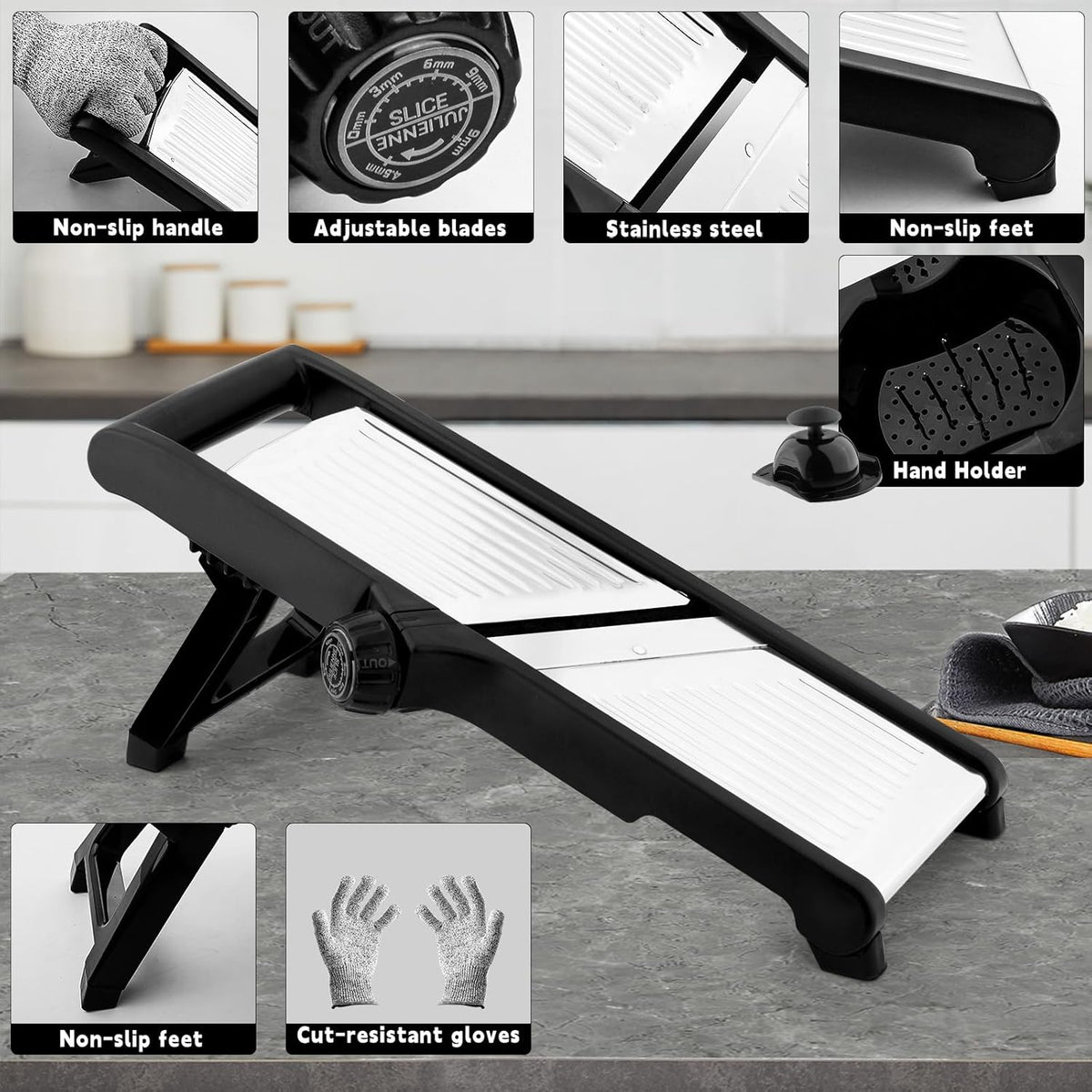 Mandoline Slicer for Kicthen,Adjustable Vegetable Slicer,Food Chopper,Potato Slicer,Mandolin,Tomato Slicer,Veggie Cutter,Stainless Steel Professional with Safety Gloves