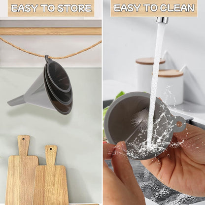 Plastic Kitchen Funnel Set of 3 with Clean Brush, BPA Free Round Food Funnels for Kitchen Use, Multifunctional Funnels for Filling Canning&Bottles, Suitable for Cooking, Lab and Automotive Use