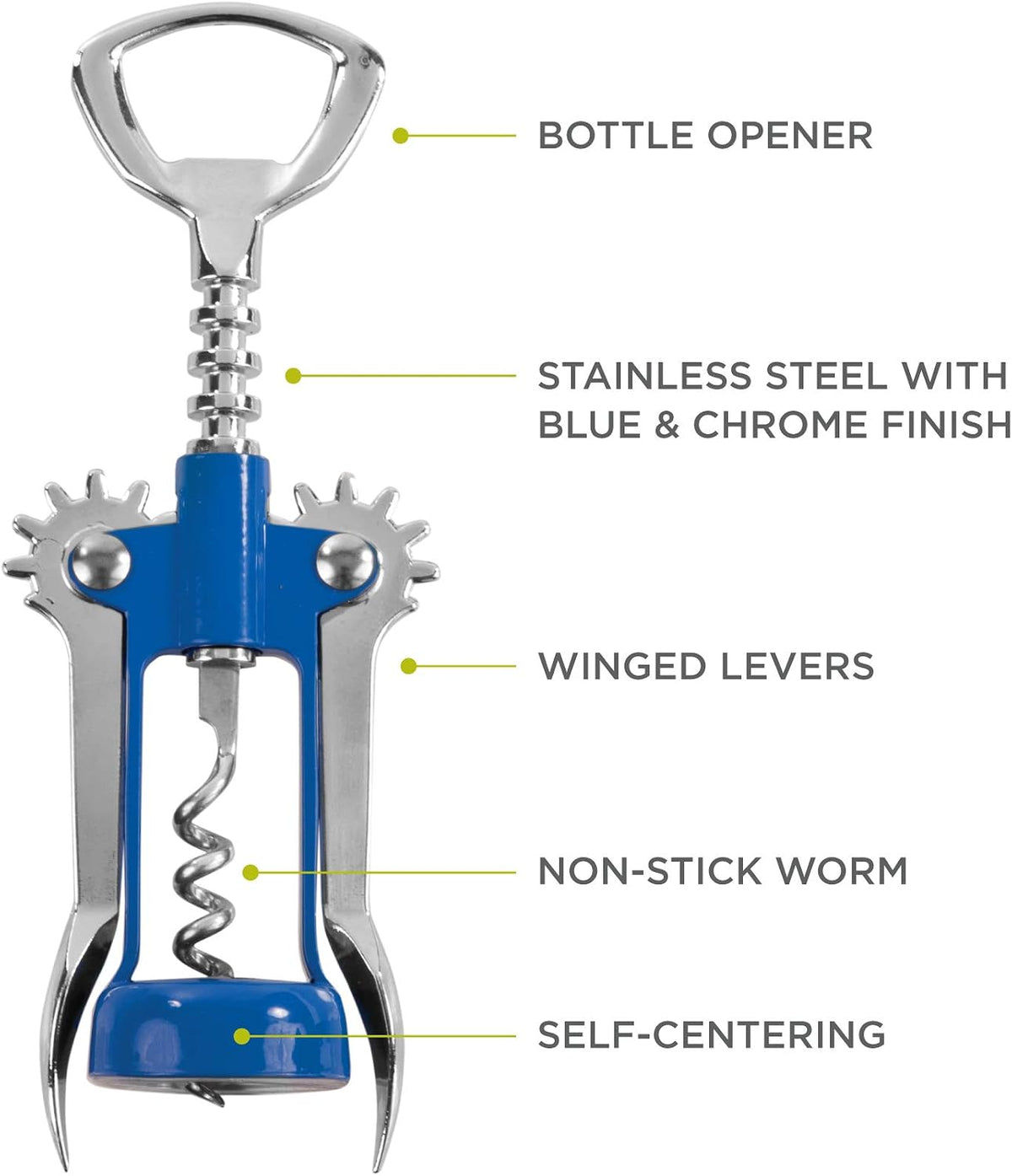 Soar Winged Corkscrew Wine Opener, Multi-Purpose Bottle Opener for Beer and Soda, Stainless Steel with Chrome Finish, Easy to Remove Cork for Bartenders, Home Bar, Kitchen, Set of 1, Blue
