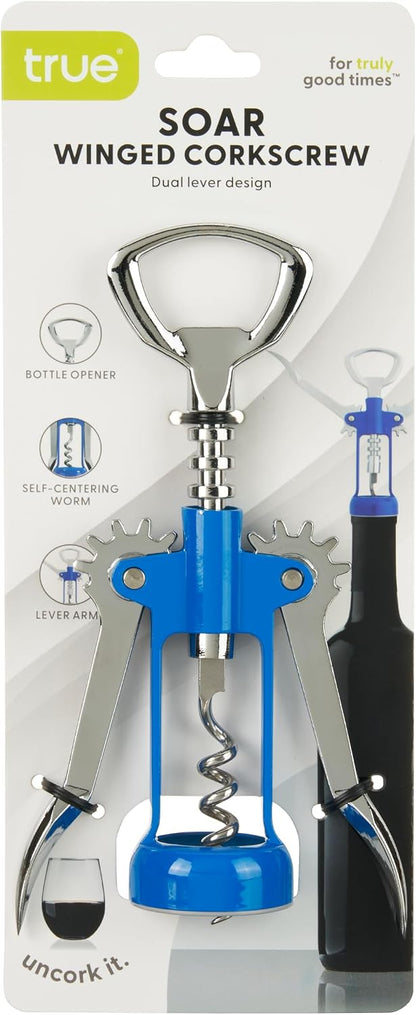 Soar Winged Corkscrew Wine Opener, Multi-Purpose Bottle Opener for Beer and Soda, Stainless Steel with Chrome Finish, Easy to Remove Cork for Bartenders, Home Bar, Kitchen, Set of 1, Blue