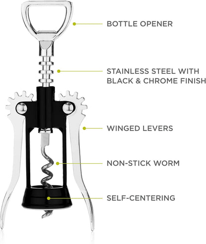 Soar Winged Corkscrew Wine Opener, Multi-Purpose Bottle Opener for Beer and Soda, Stainless Steel with Chrome Finish, Easy to Remove Cork for Bartenders, Home Bar, Kitchen, Set of 1, Blue