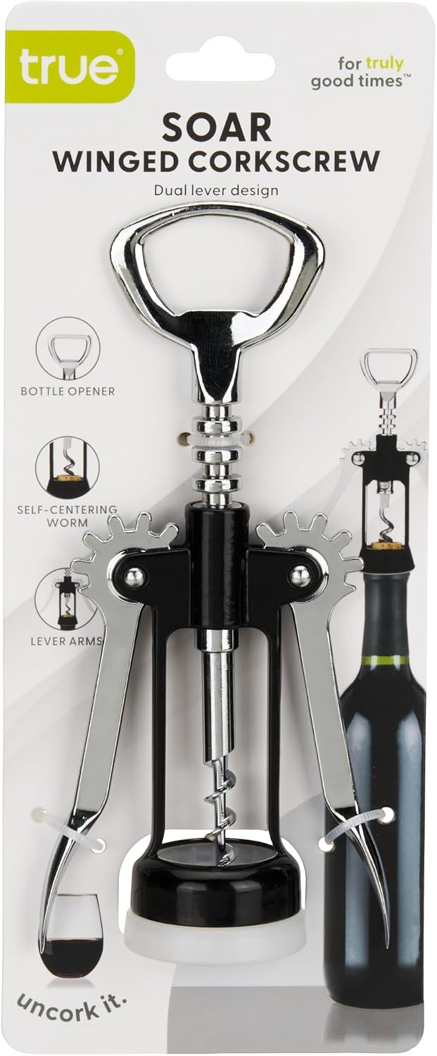 Soar Winged Corkscrew Wine Opener, Multi-Purpose Bottle Opener for Beer and Soda, Stainless Steel with Chrome Finish, Easy to Remove Cork for Bartenders, Home Bar, Kitchen, Set of 1, Blue