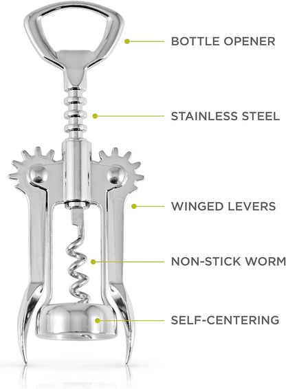 Soar Winged Corkscrew Wine Opener, Multi-Purpose Bottle Opener for Beer and Soda, Stainless Steel with Chrome Finish, Easy to Remove Cork for Bartenders, Home Bar, Kitchen, Set of 1, Blue