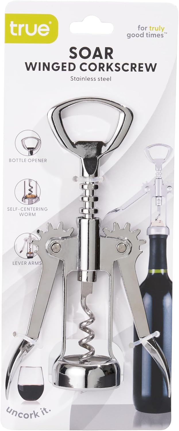 Soar Winged Corkscrew Wine Opener, Multi-Purpose Bottle Opener for Beer and Soda, Stainless Steel with Chrome Finish, Easy to Remove Cork for Bartenders, Home Bar, Kitchen, Set of 1, Blue
