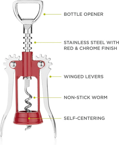 Soar Winged Corkscrew Wine Opener, Multi-Purpose Bottle Opener for Beer and Soda, Stainless Steel with Chrome Finish, Easy to Remove Cork for Bartenders, Home Bar, Kitchen, Set of 1, Blue