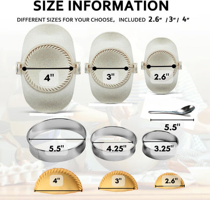 Dumpling Maker, Empanadas Press Mold Maker Set 3sizes (4"+3"+2.6") | Dumpling Mold Set with Dough Cutter for Pierogi, Pastelitos, Calzone, Turnovers, Chinese Dumpling White
