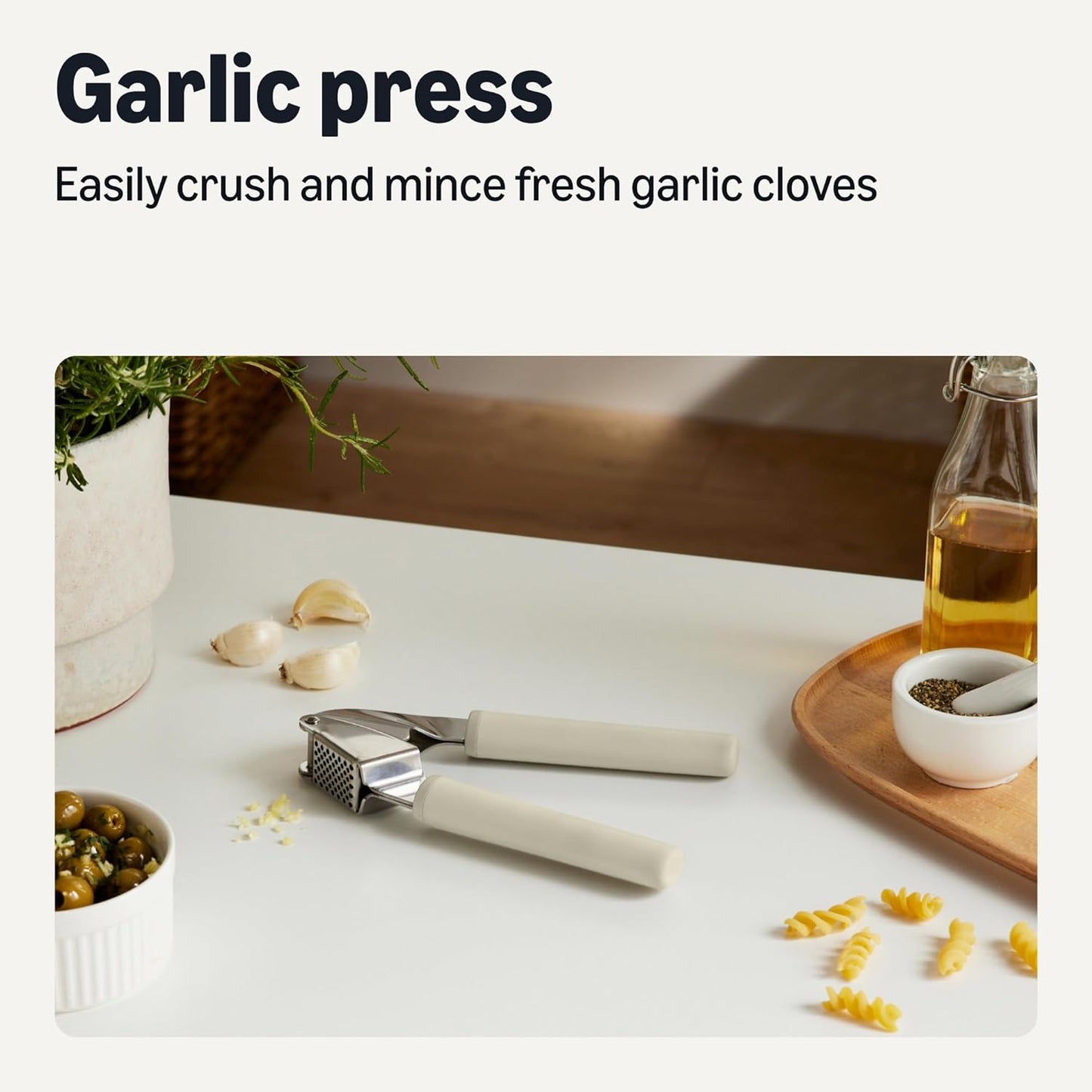 Garlic Press, Stainless Steel, Soft Grip Handle, Dishwasher-Safe, Linen Gray