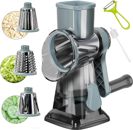 Rotary Cheese Grater Multi-Purpose Stainless Steel Cheese Shredder | rotary grater with strong suction, ergonomic handle and food pusher for fast, safe slicing and shredding.