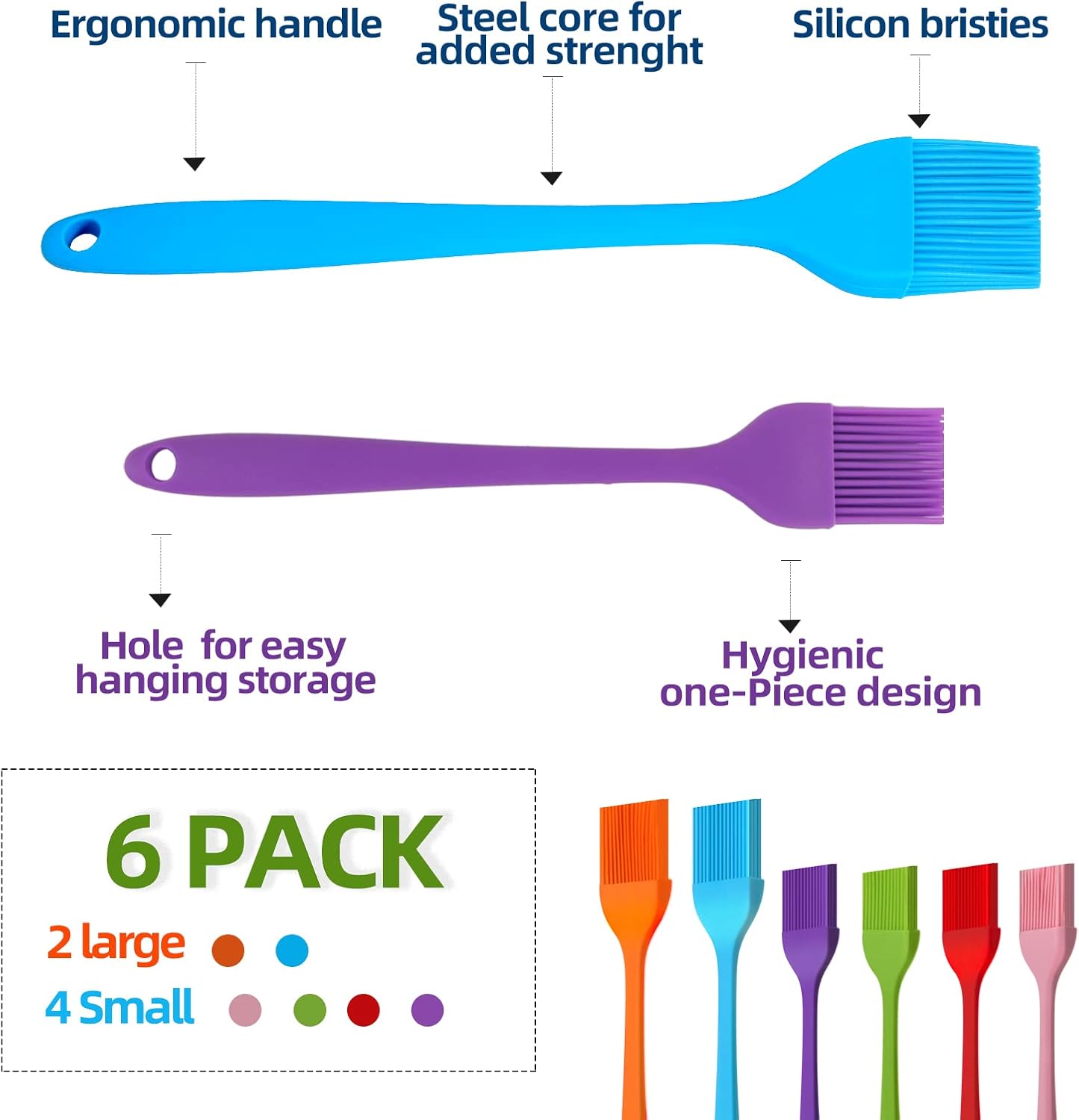 6 PCS Silicone Basting Brush, Upgrade Pastry Brush,Heat Resistant Silicone Brushes, Premium Cooking Brush for Sauce Marinade Meat Glazing, Oil Brush for BBQ Kitchen Cooking Baking and Grilling