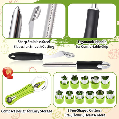 15 Pcs Fruit Vegetable Coring Carving Tool Set Include Stainless Steel Peeler Carving Knife Melon Baller and 9 Shape Cutters for Home Kitchen Lunches Party Platters Creative Cooking