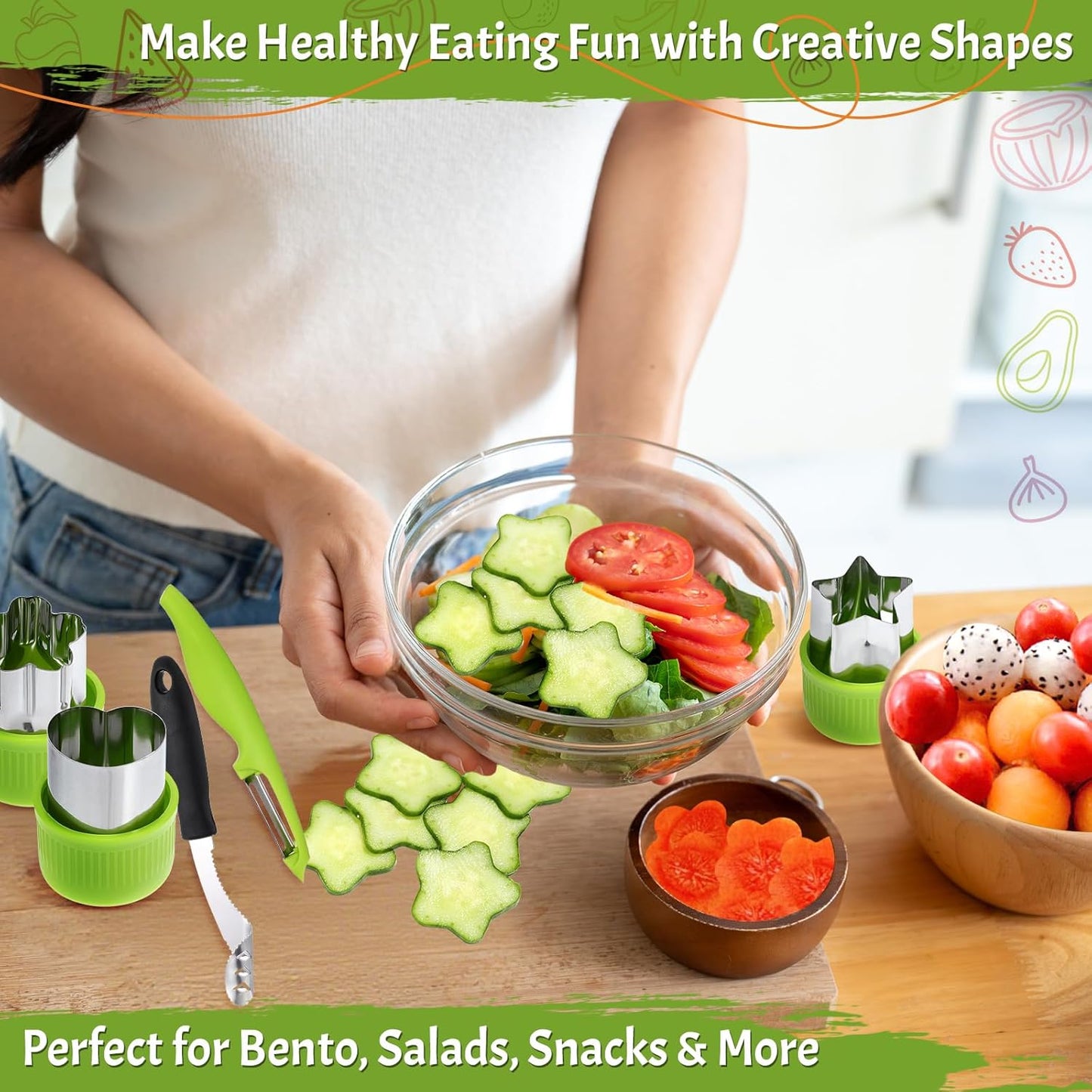15 Pcs Fruit Vegetable Coring Carving Tool Set Include Stainless Steel Peeler Carving Knife Melon Baller and 9 Shape Cutters for Home Kitchen Lunches Party Platters Creative Cooking