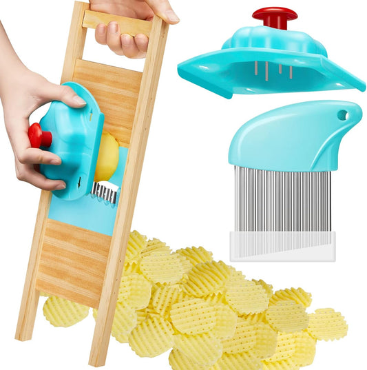 3 Pcs Waffle Fry Cutter Set Crinkle Cutter for Potatoes French Fry Lattice Maker Carrot Wavy Chopper Slicer Stainless Steel Knife with Protective Cover for Home Veggies Pickle Kitchen Food Safety
