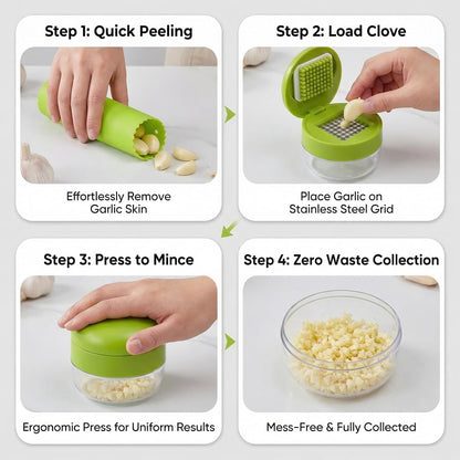 2-Pack 3-in-1 Garlic Press Sets, Stainless Steel Garlic Mincer Tool with Silicone Peeler and Cleaning Brush, Garlic Chopper Crusher for Ginger, Onions, Fruits (Green)