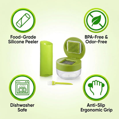 2-Pack 3-in-1 Garlic Press Sets, Stainless Steel Garlic Mincer Tool with Silicone Peeler and Cleaning Brush, Garlic Chopper Crusher for Ginger, Onions, Fruits (Green)
