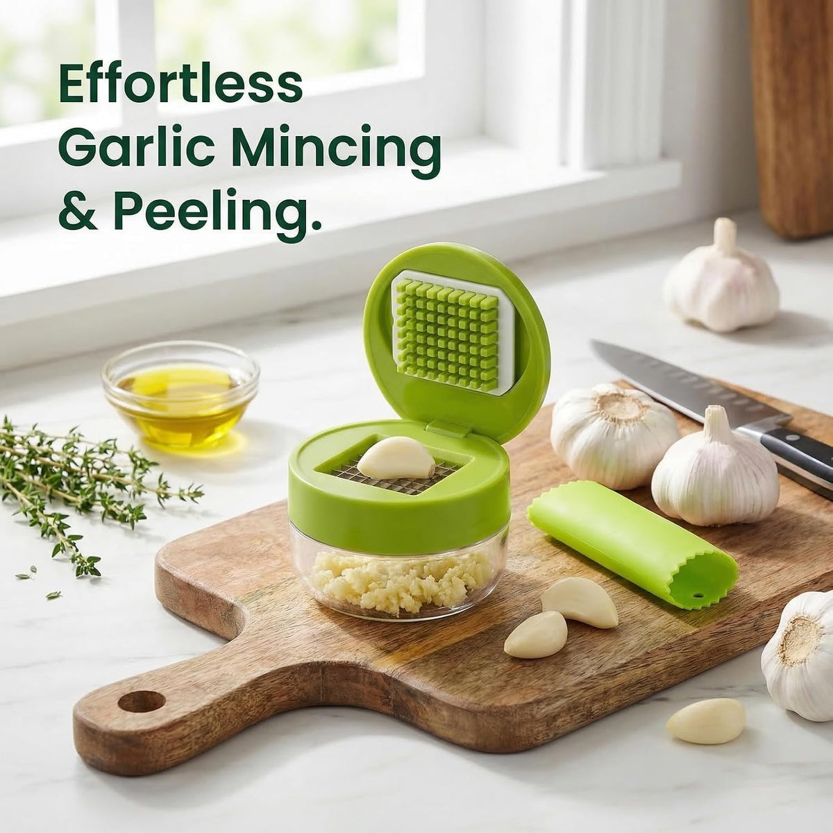 2-Pack 3-in-1 Garlic Press Sets, Stainless Steel Garlic Mincer Tool with Silicone Peeler and Cleaning Brush, Garlic Chopper Crusher for Ginger, Onions, Fruits (Green)