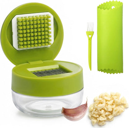 2-Pack 3-in-1 Garlic Press Sets, Stainless Steel Garlic Mincer Tool with Silicone Peeler and Cleaning Brush, Garlic Chopper Crusher for Ginger, Onions, Fruits (Green)
