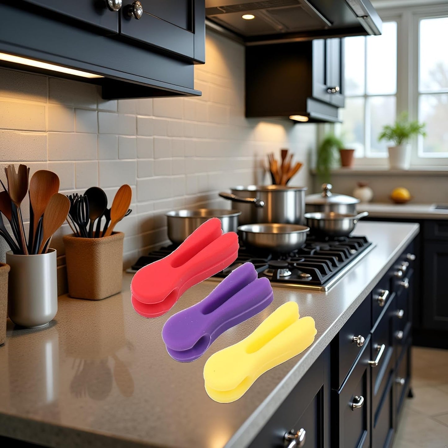 3Pcs Silicone Pot Clip Set, Heat Resistant Spoon Rest and Spatula Holder, Non-Slip Cutlery Bracket