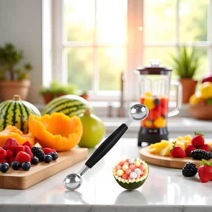 1Pc Black Double-Sided Fruit Melon Baller Spoon 2 in 1 Stainless Steel Melon Ballers Melon Scoop for Watermelon Cantaloupe Icecream Ball,18cm,Fruit and Vegetable Tools,Melon Ballers,Kitchen