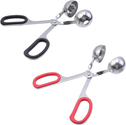 2Pcs Meatball Maker Tongs None-Stick Meatball Maker Stainless Steel Meat Ballers Scoop Ball Maker Ice Tongs for Meat, Cake Pop, Ice Cream Scoop, Fruit, Cookie Dough, Melon -Black & Red（M Size）