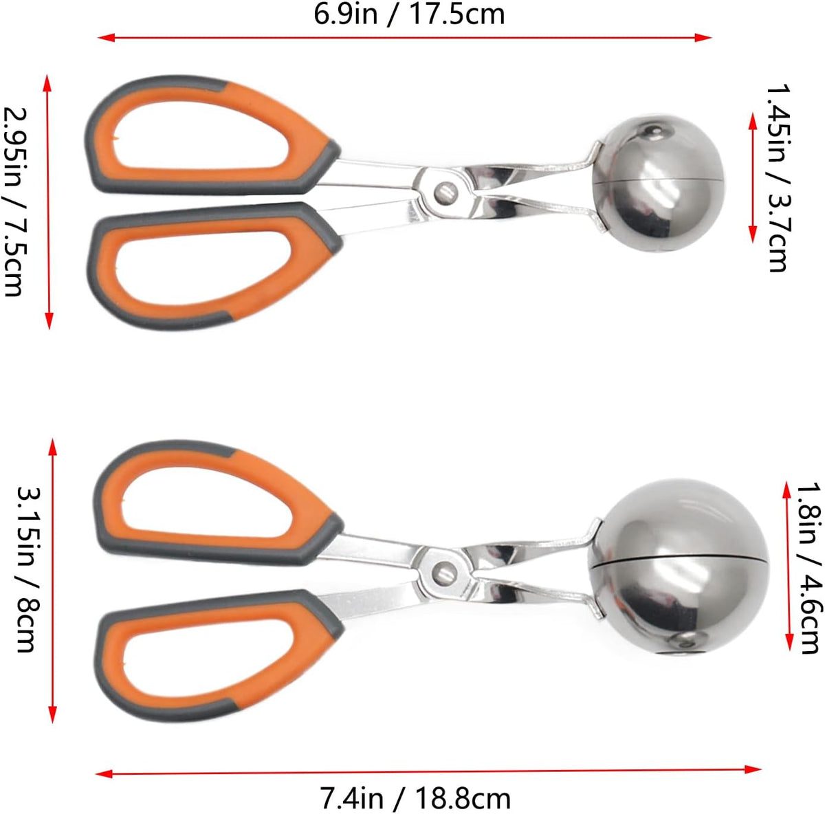 2Pcs Meatball Maker Tongs None-Stick Meatball Maker Stainless Steel Meat Ballers Scoop Ball Maker Ice Tongs for Meat, Cake Pop, Ice Cream Scoop, Fruit, Cookie Dough, Melon -Black & Red（M Size）