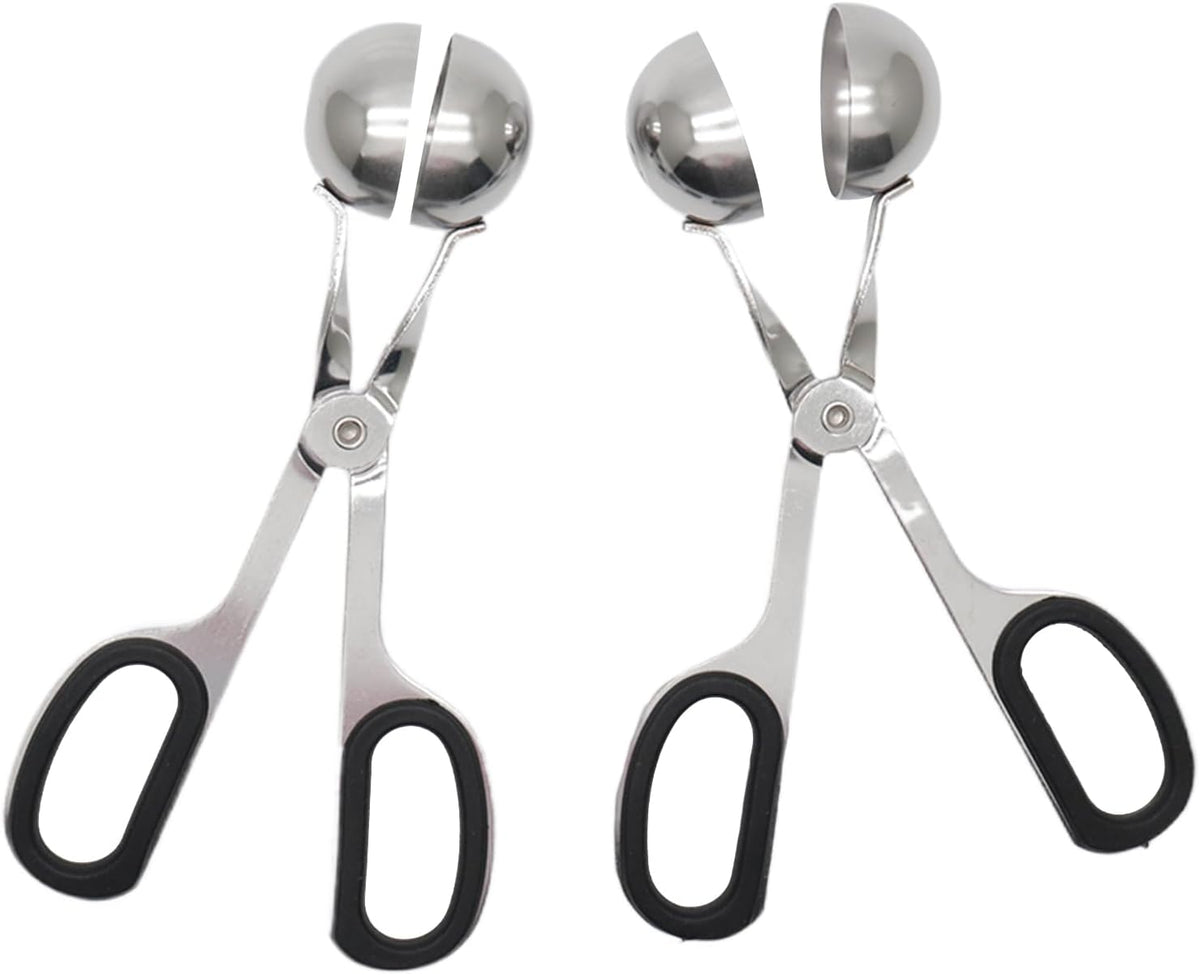 2Pcs Meatball Maker Tongs None-Stick Meatball Maker Stainless Steel Meat Ballers Scoop Ball Maker Ice Tongs for Meat, Cake Pop, Ice Cream Scoop, Fruit, Cookie Dough, Melon -Black & Red（M Size）