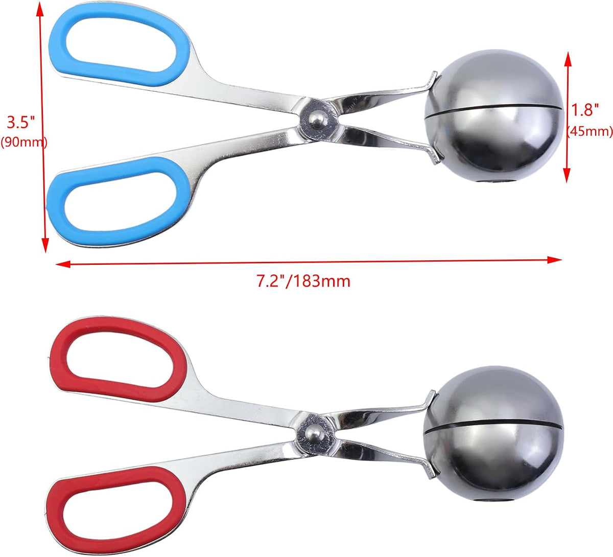 2Pcs Meatball Maker Tongs None-Stick Meatball Maker Stainless Steel Meat Ballers Scoop Ball Maker Ice Tongs for Meat, Cake Pop, Ice Cream Scoop, Fruit, Cookie Dough, Melon -Black & Red（M Size）