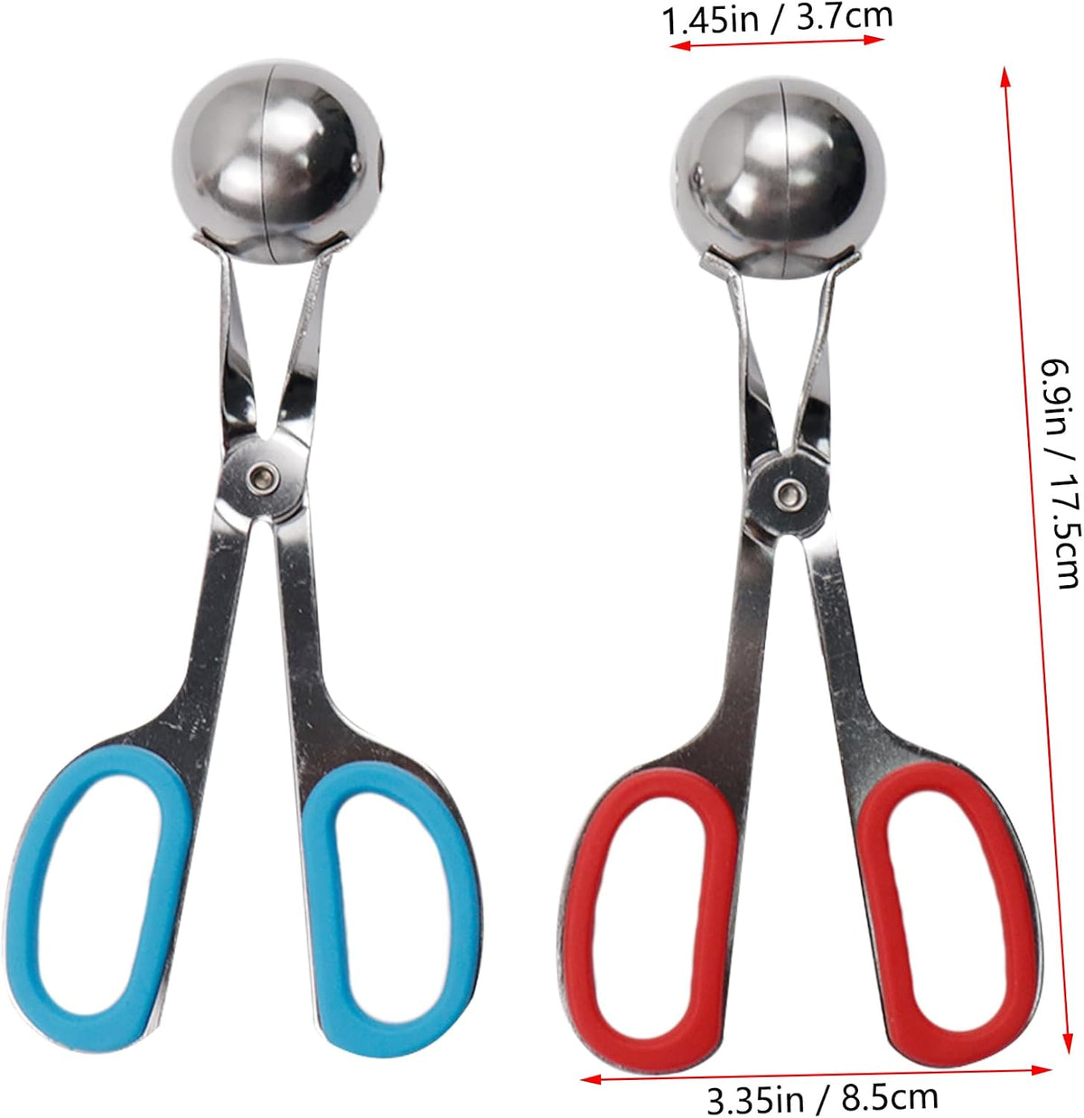 2Pcs Meatball Maker Tongs None-Stick Meatball Maker Stainless Steel Meat Ballers Scoop Ball Maker Ice Tongs for Meat, Cake Pop, Ice Cream Scoop, Fruit, Cookie Dough, Melon -Black & Red（M Size）
