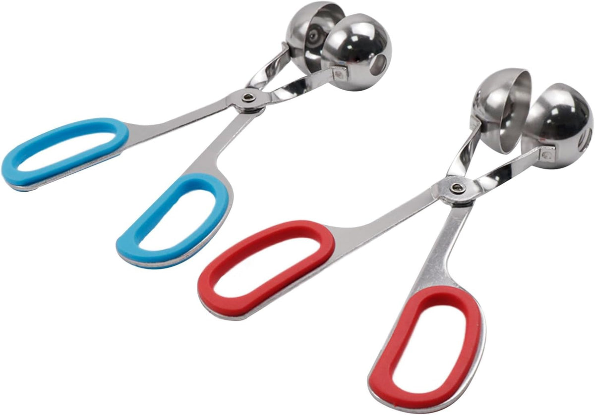 2Pcs Meatball Maker Tongs None-Stick Meatball Maker Stainless Steel Meat Ballers Scoop Ball Maker Ice Tongs for Meat, Cake Pop, Ice Cream Scoop, Fruit, Cookie Dough, Melon -Black & Red（M Size）