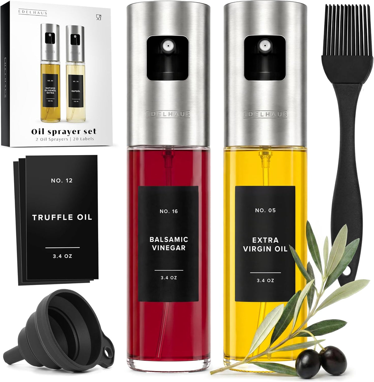 Oil Sprayer Set of 2 – Oil Spray Bottle Made of Stainless Steel & Glass, for Healthy Cooking, Sprayer for Precise Dosage, for Cooking Oil & Vinegar Including 20 Labels, Funnel