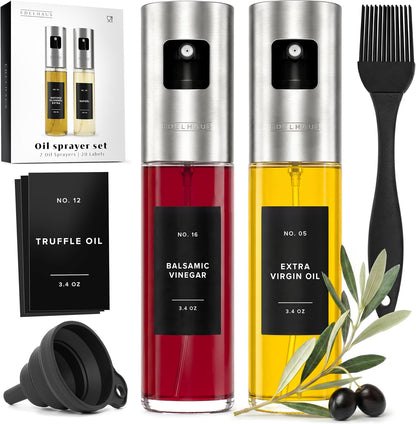 Oil Sprayer Set of 2 – Oil Spray Bottle Made of Stainless Steel & Glass, for Healthy Cooking, Sprayer for Precise Dosage, for Cooking Oil & Vinegar Including 20 Labels, Funnel