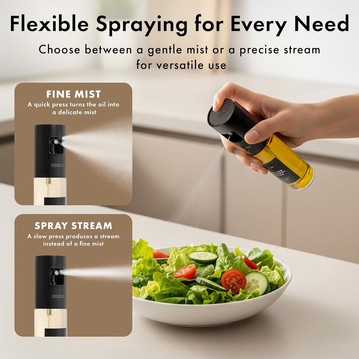 Oil Sprayer Set of 2 – Oil Spray Bottle Made of Stainless Steel & Glass, for Healthy Cooking, Sprayer for Precise Dosage, for Cooking Oil & Vinegar Including 20 Labels, Funnel