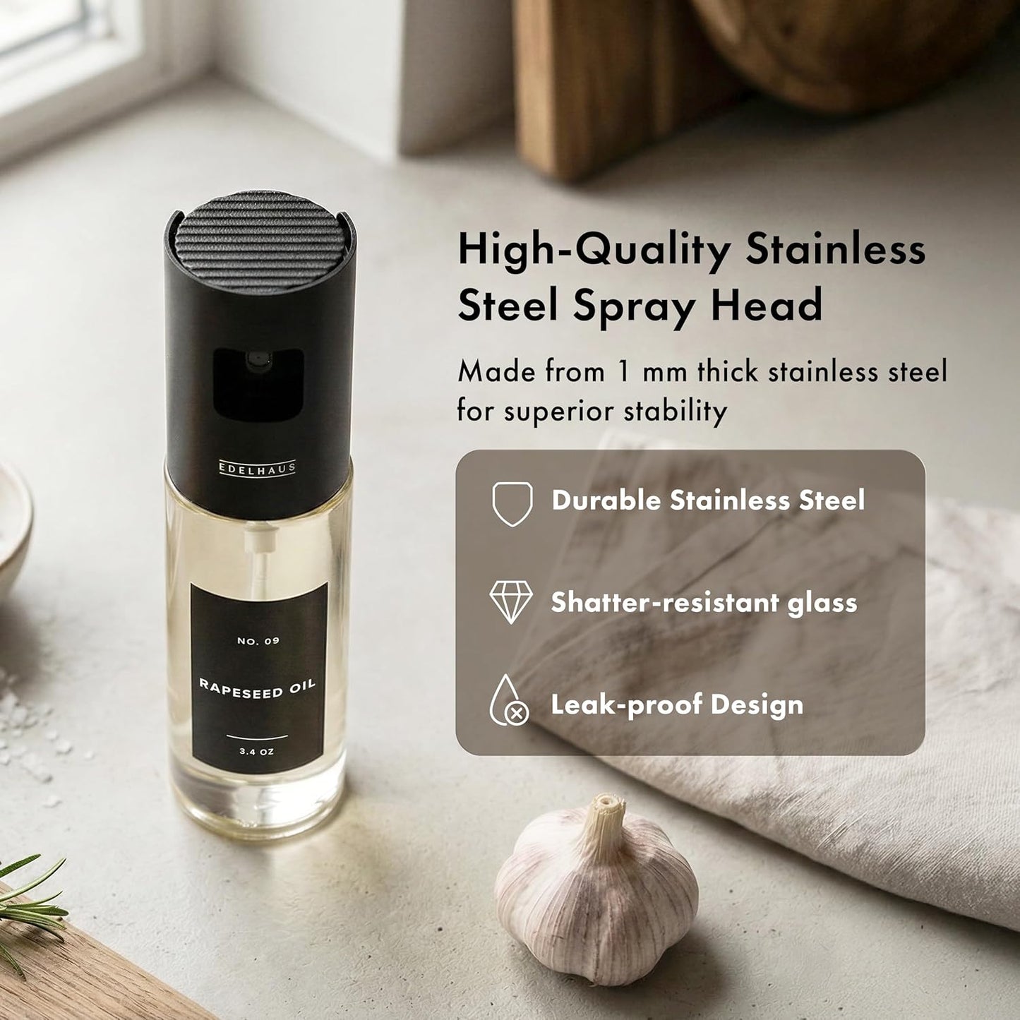 Oil Sprayer Set of 2 – Oil Spray Bottle Made of Stainless Steel & Glass, for Healthy Cooking, Sprayer for Precise Dosage, for Cooking Oil & Vinegar Including 20 Labels, Funnel