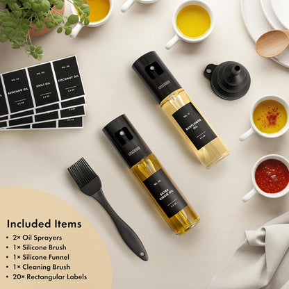 Oil Sprayer Set of 2 – Oil Spray Bottle Made of Stainless Steel & Glass, for Healthy Cooking, Sprayer for Precise Dosage, for Cooking Oil & Vinegar Including 20 Labels, Funnel