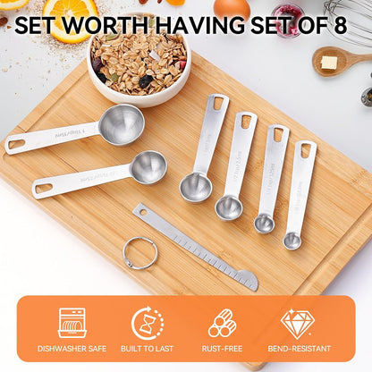 Stainless Steel Measuring Spoons Set, Dual-Scale Metric & US Measurements, Set of 7 for Dry and Liquid Ingredients