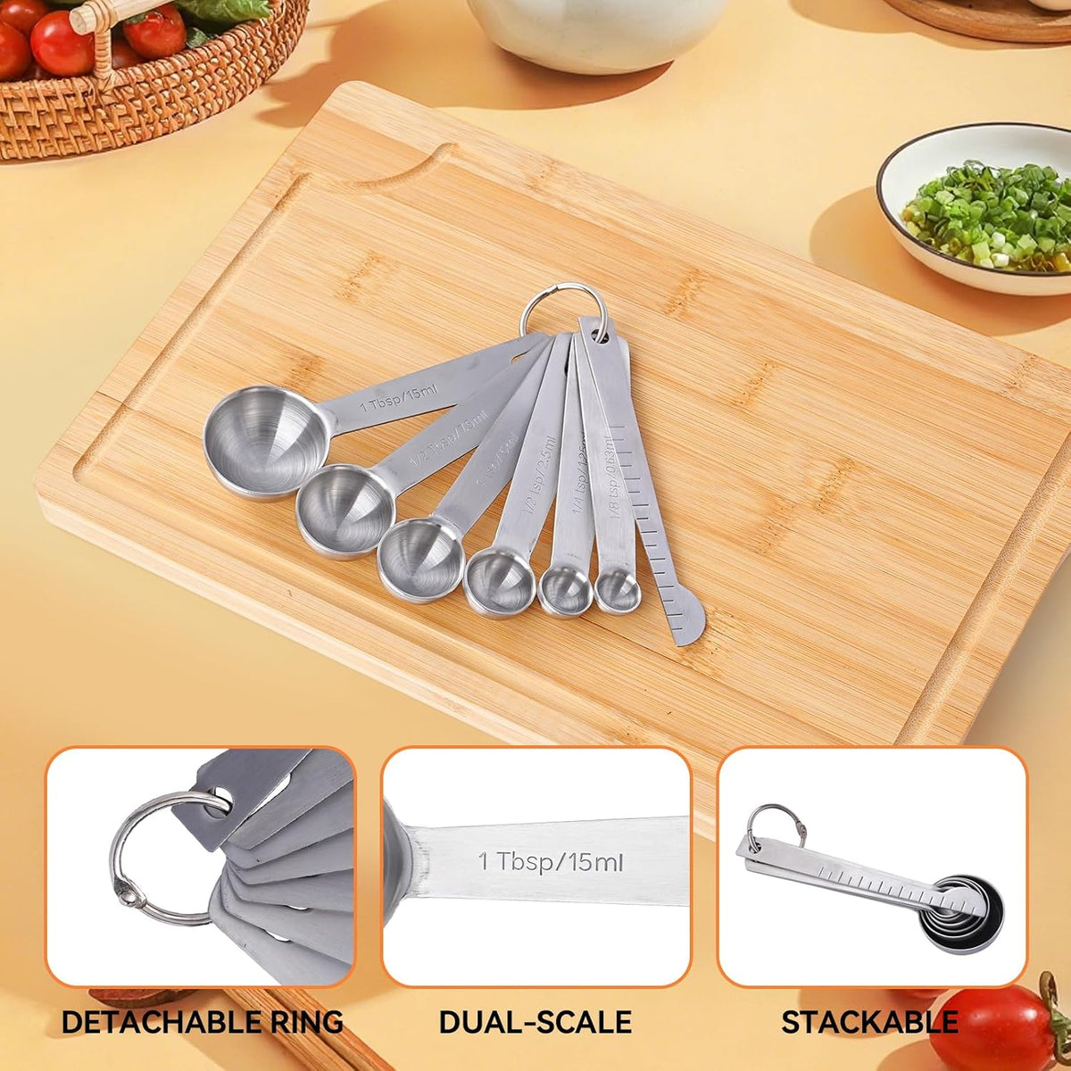Stainless Steel Measuring Spoons Set, Dual-Scale Metric & US Measurements, Set of 7 for Dry and Liquid Ingredients