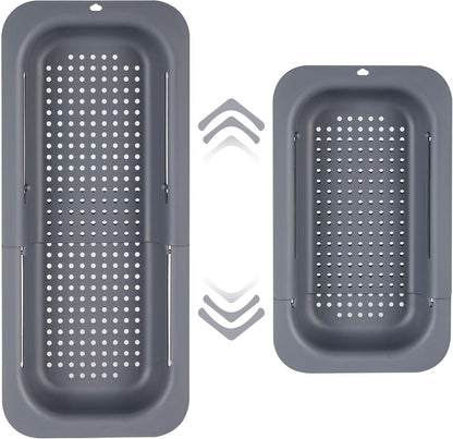 Kitchen Sink Colander, Extendable Strainer Basket Over the Sink for Wash Vegetables and Fruits, Drain Cooked Pasta and Dry Dishes 13.6"-18.9"L x 7.9"W x 2.6"H - Deepgray