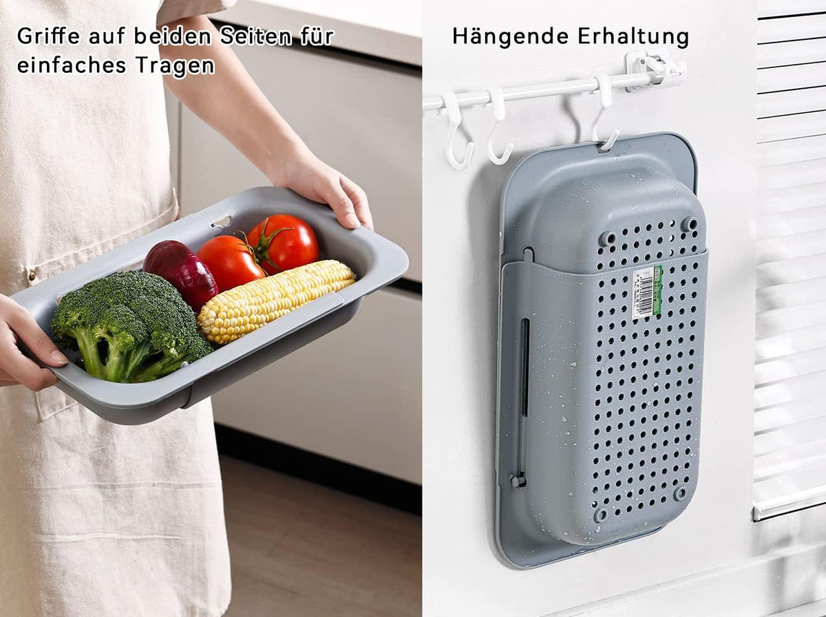Kitchen Sink Colander, Extendable Strainer Basket Over the Sink for Wash Vegetables and Fruits, Drain Cooked Pasta and Dry Dishes 13.6"-18.9"L x 7.9"W x 2.6"H - Deepgray