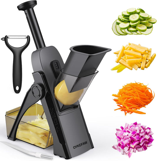 Safe Mandoline Slicer for Kitchen, 5 in 1 Vegetable Food Chopper for Potato | Potato Slicer, French Fry Cutter, Food Chopper, Adjustable Thickness 0.1-8 mm, Fast Meal Prep, with Peeler/Cleaning Brush