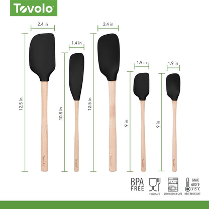 Silicone Spatula with Wooden Handle Set of 5 Piece Silicone Kitchen Utensil Set Spoonula Jar Scraper Mini Spatula and Spoonula for Cooking Baking Mixing Folding Black Cookware Set